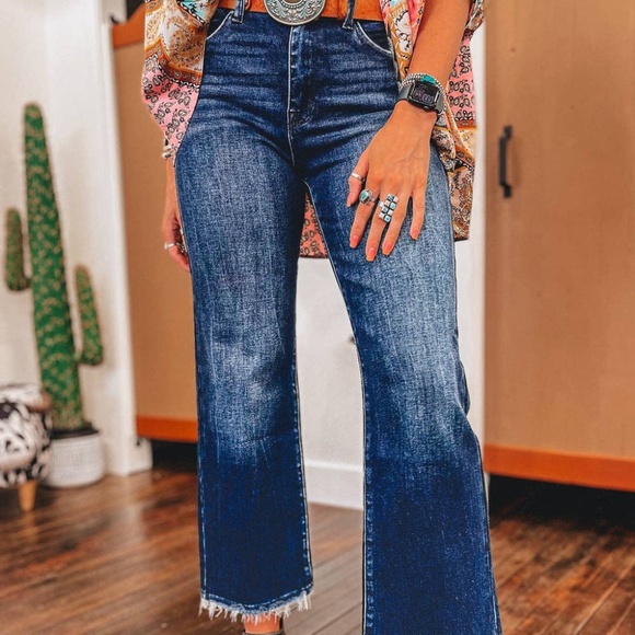 Sail Blue Mineral Wash Raw Hem High Waist Flared Jeans - Picture 2 of 2